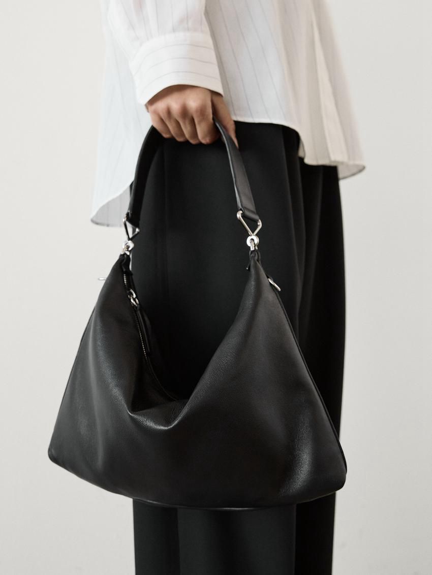 Massimo Dutti Nappa Leather Mini With Double Strap Women Shoulder Bag Black | US-ST2417306
