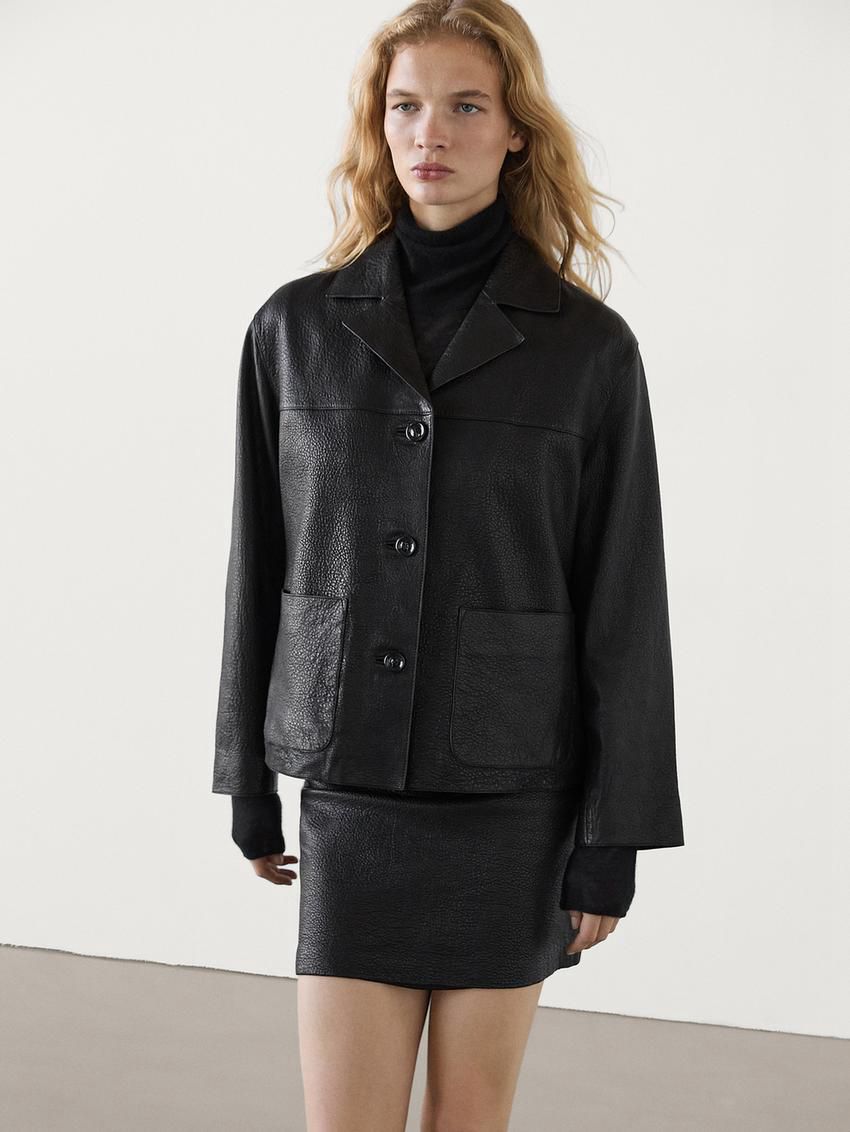 Massimo Dutti Nappa Leather Textured Women Jacket Black | US-SE4096152