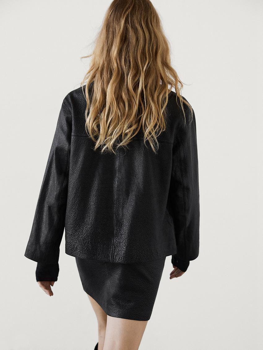 Massimo Dutti Nappa Leather Textured Women Jacket Black | US-SE4096152