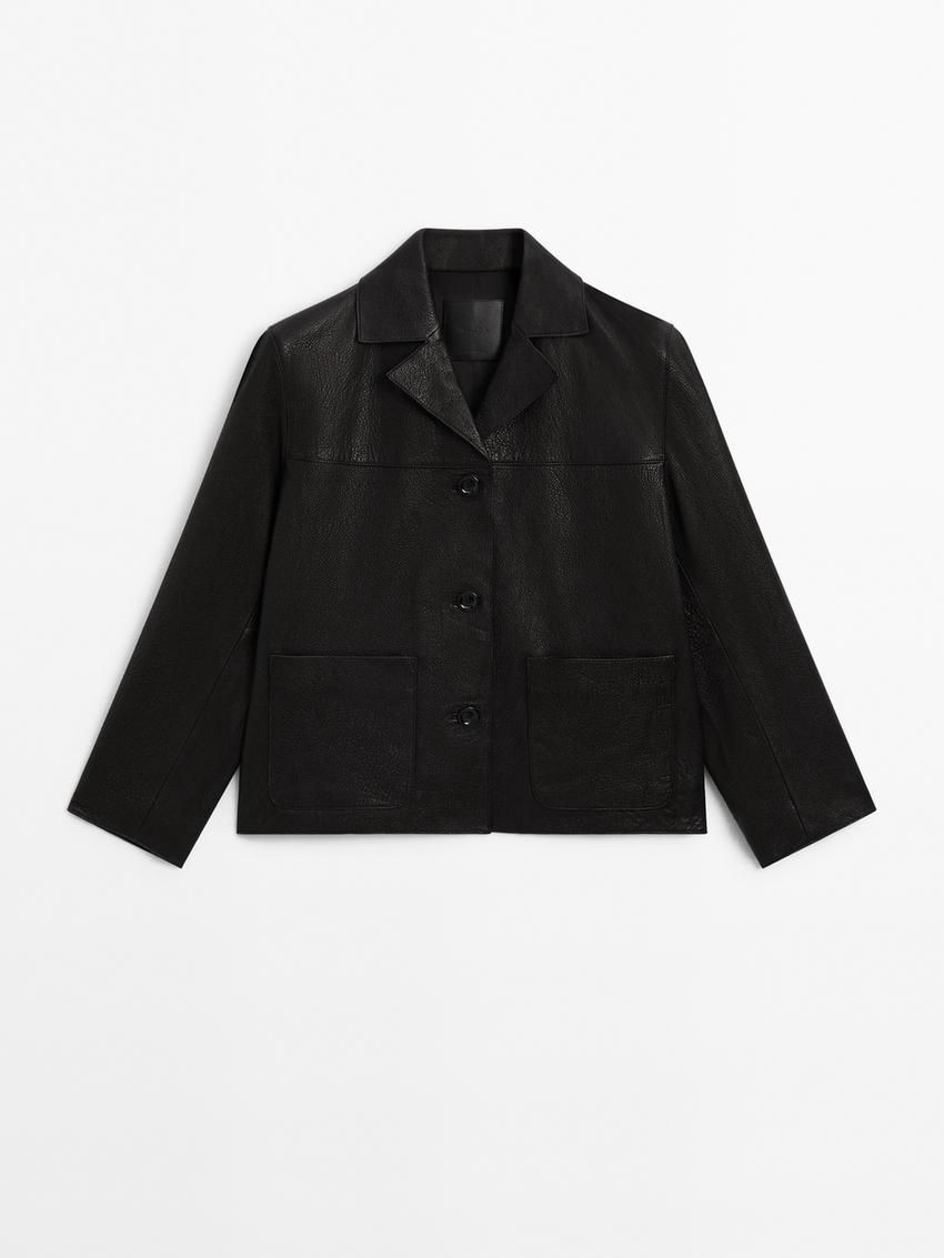 Massimo Dutti Nappa Leather Textured Women Jacket Black | US-SE4096152