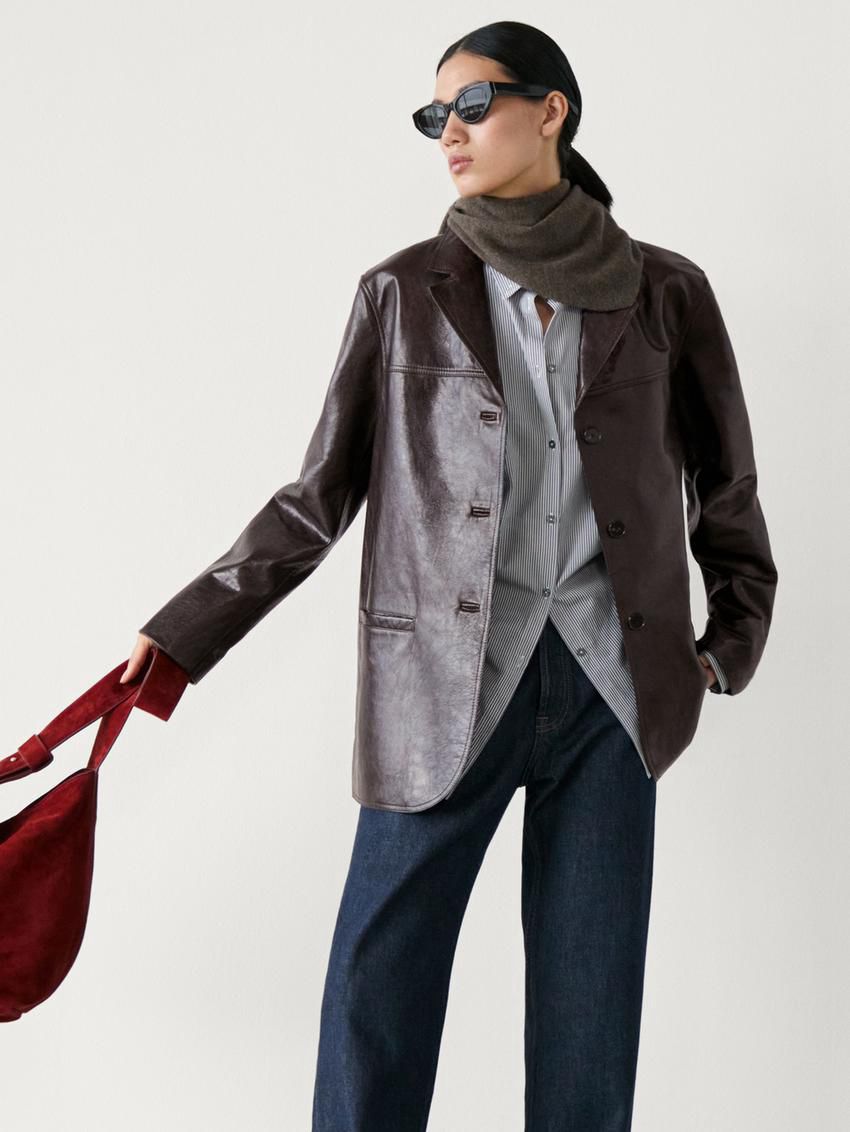 Massimo Dutti Nappa Leather Textured Women Blazer Dark Brown | US-KV7140265