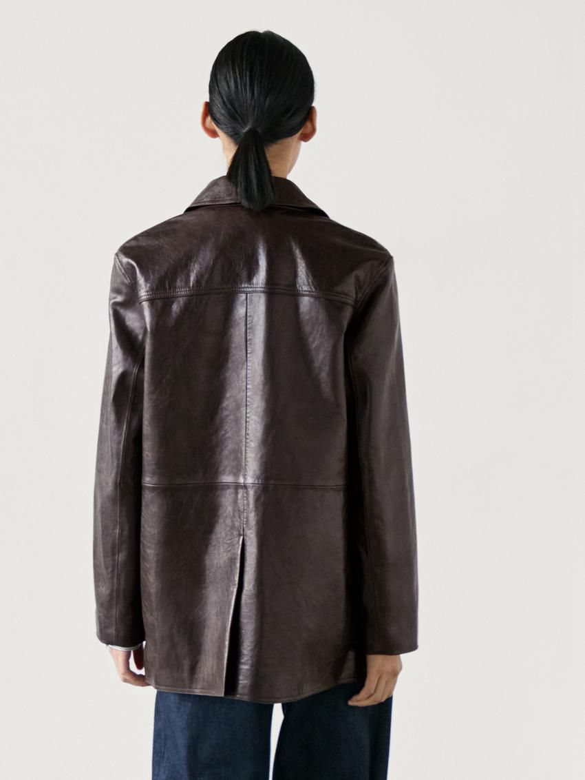 Massimo Dutti Nappa Leather Textured Women Blazer Dark Brown | US-KV7140265