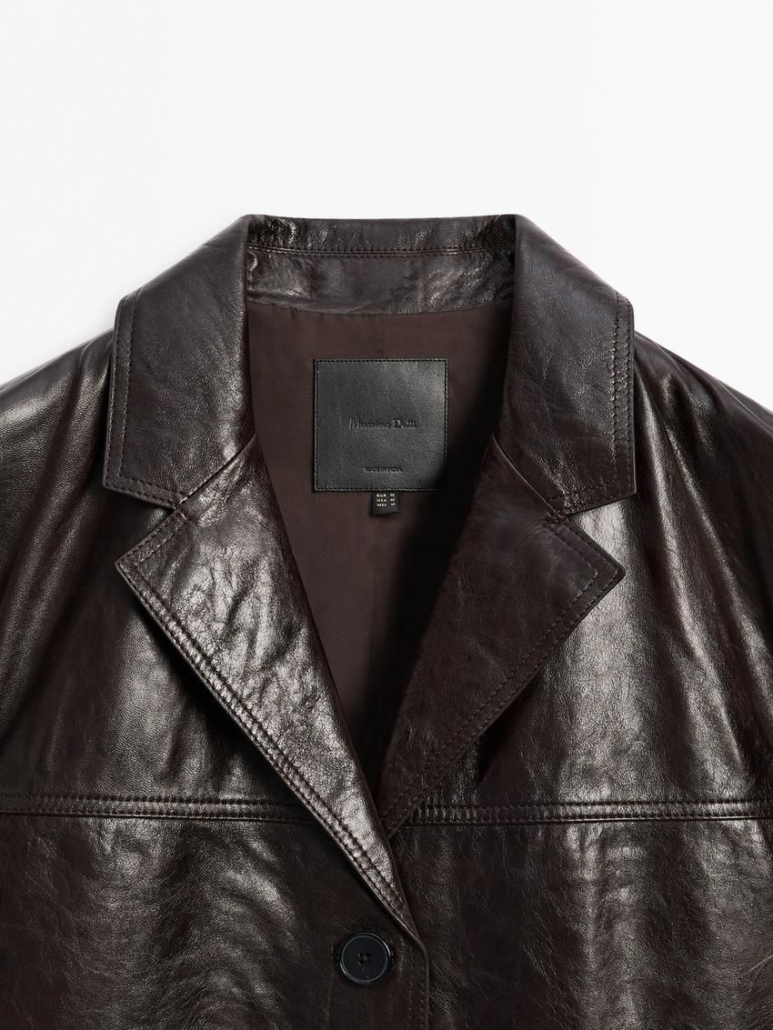 Massimo Dutti Nappa Leather Textured Women Blazer Dark Brown | US-KV7140265