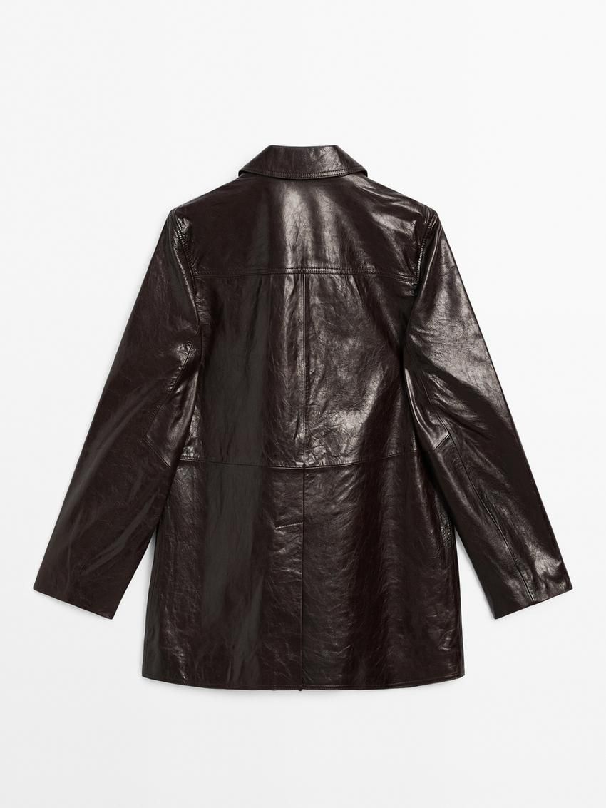 Massimo Dutti Nappa Leather Textured Women Blazer Dark Brown | US-KV7140265