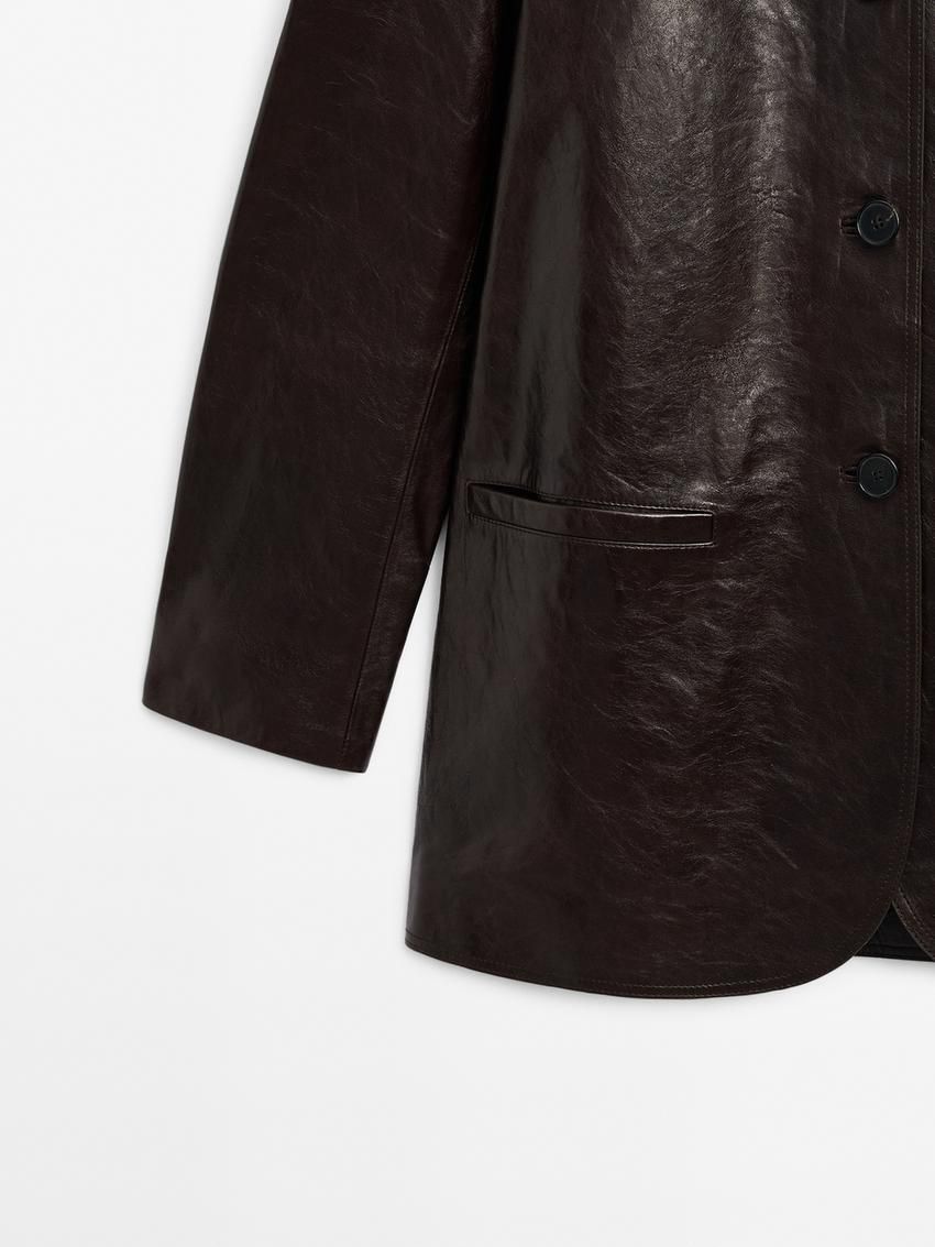 Massimo Dutti Nappa Leather Textured Women Blazer Dark Brown | US-KV7140265