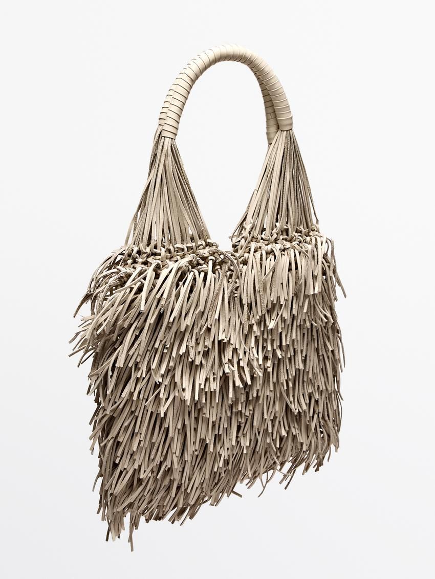 Massimo Dutti Nappa Leather With Fringe Detail Women Shoulder Bag Beige | US-PX1354908