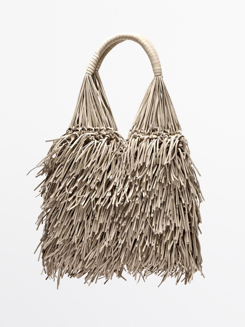 Massimo Dutti Nappa Leather With Fringe Detail Women Shoulder Bag Beige | US-PX1354908