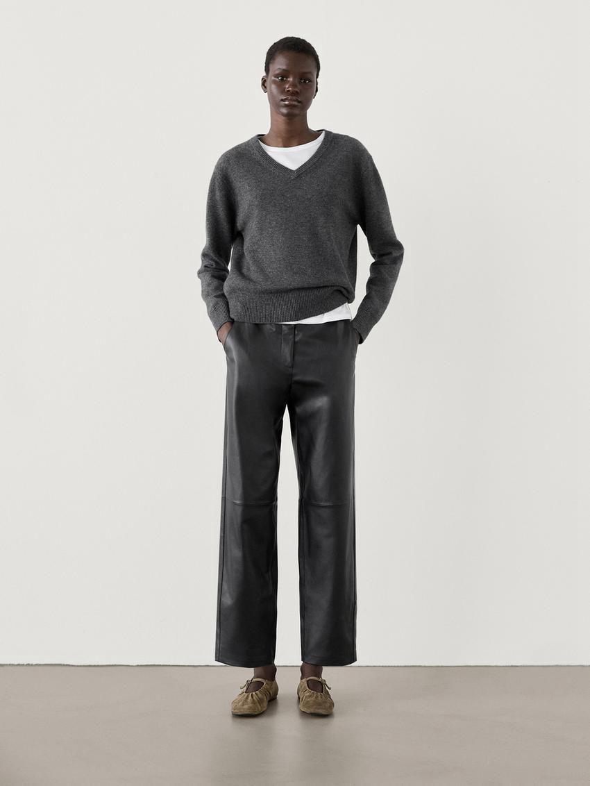 Massimo Dutti Nappa Leather With Seam Details Women Trousers Black | US-AT3612854