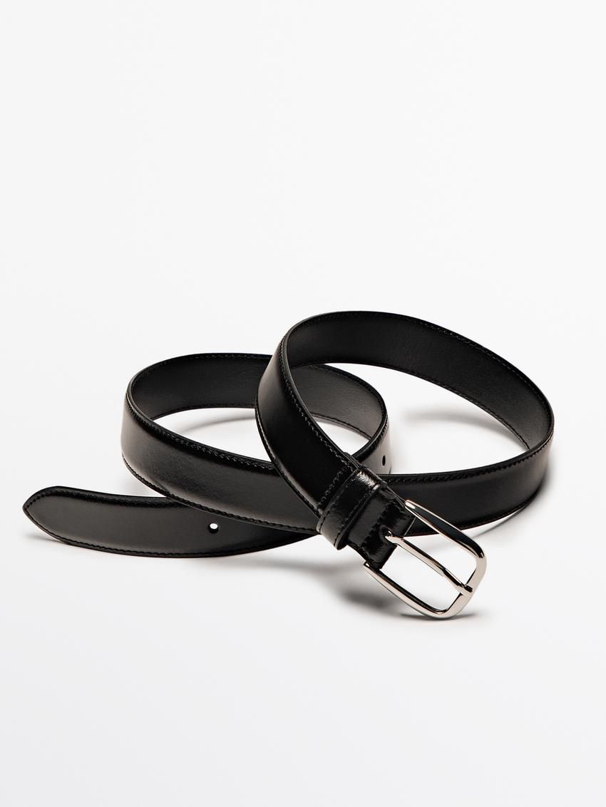 Massimo Dutti Nappa Leather With Topstitching Detail Men Belt Black | US-GC5719362