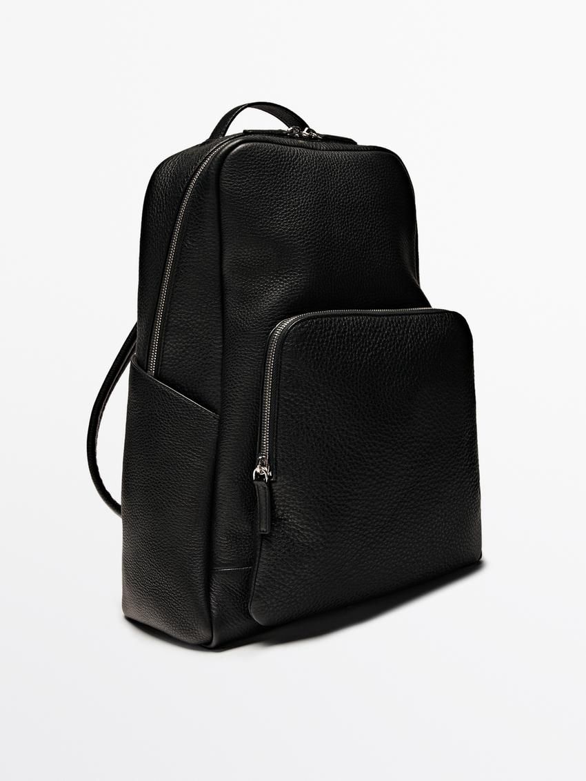 Massimo Dutti Nappa Leather With Zip Men Backpack Black | US-BF0593186