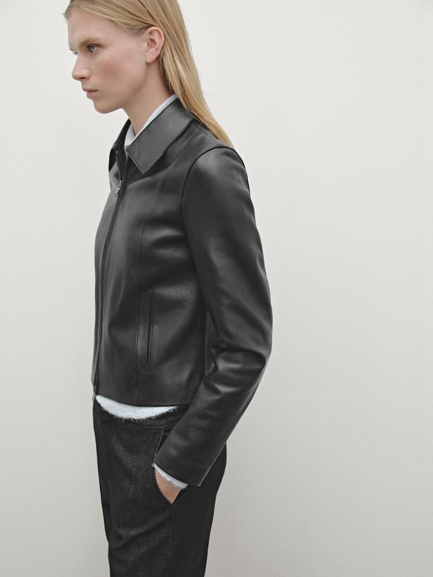 Massimo Dutti Nappa Leather Women Biker Jacket Black | US-SO2146895