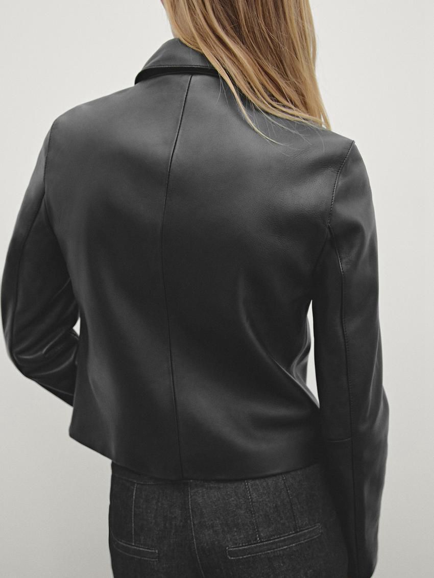 Massimo Dutti Nappa Leather Women Biker Jacket Black | US-SO2146895