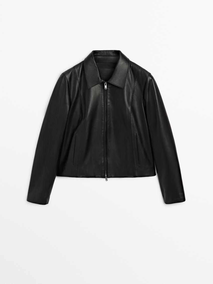 Massimo Dutti Nappa Leather Women Biker Jacket Black | US-SO2146895