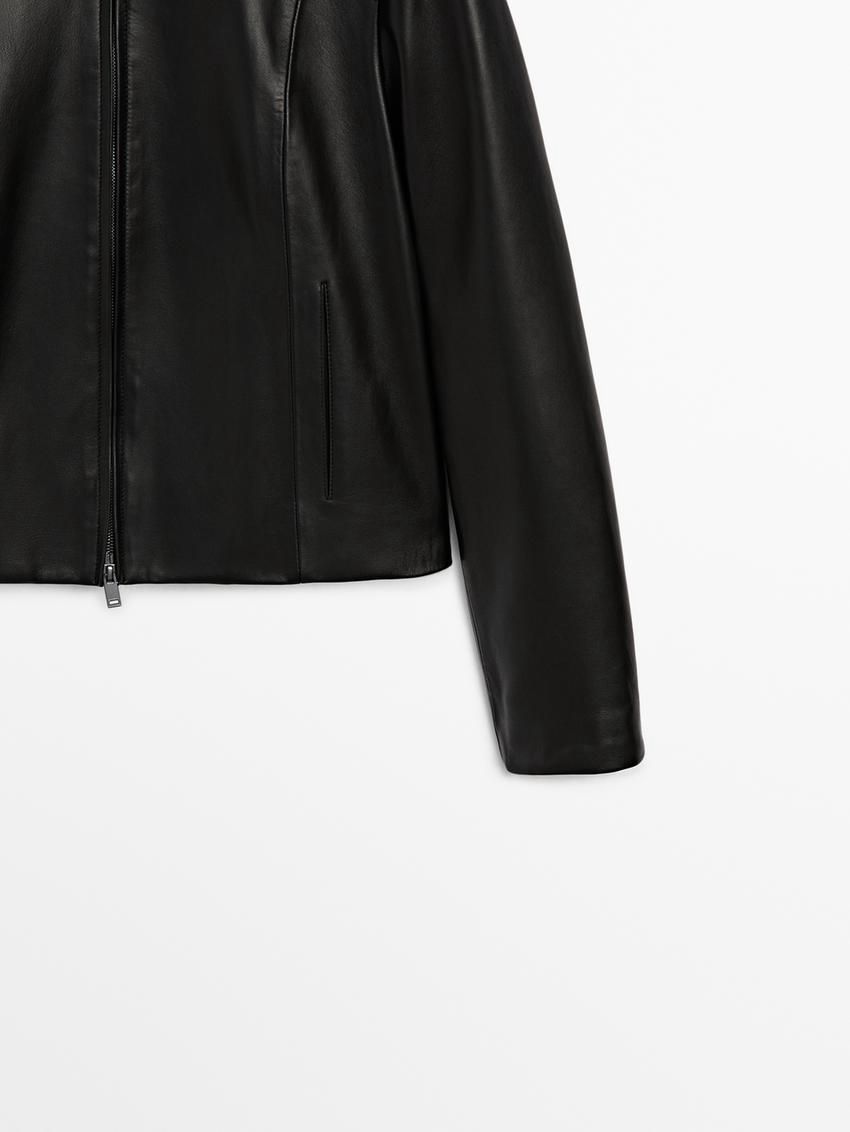Massimo Dutti Nappa Leather Women Biker Jacket Black | US-SO2146895