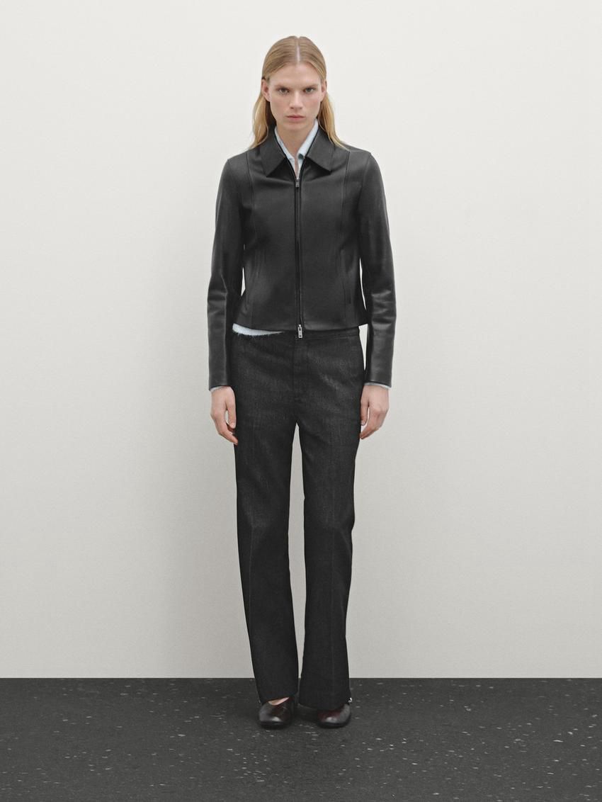 Massimo Dutti Nappa Leather Women Biker Jacket Black | US-SO2146895