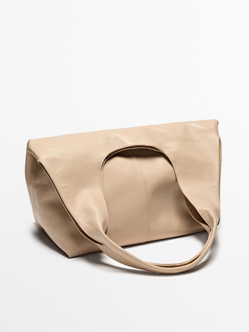 Massimo Dutti Nappa Leather Women Tote Bag Beige | US-GV3792610
