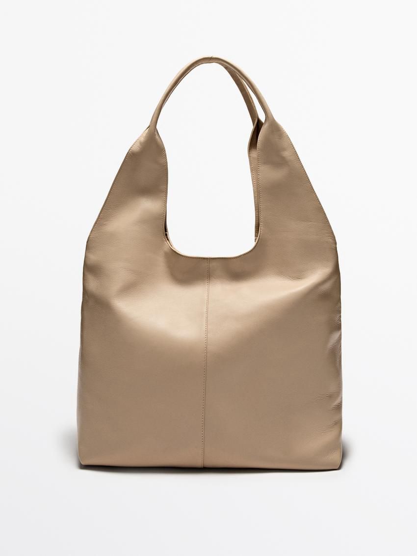 Massimo Dutti Nappa Leather Women Tote Bag Beige | US-GV3792610