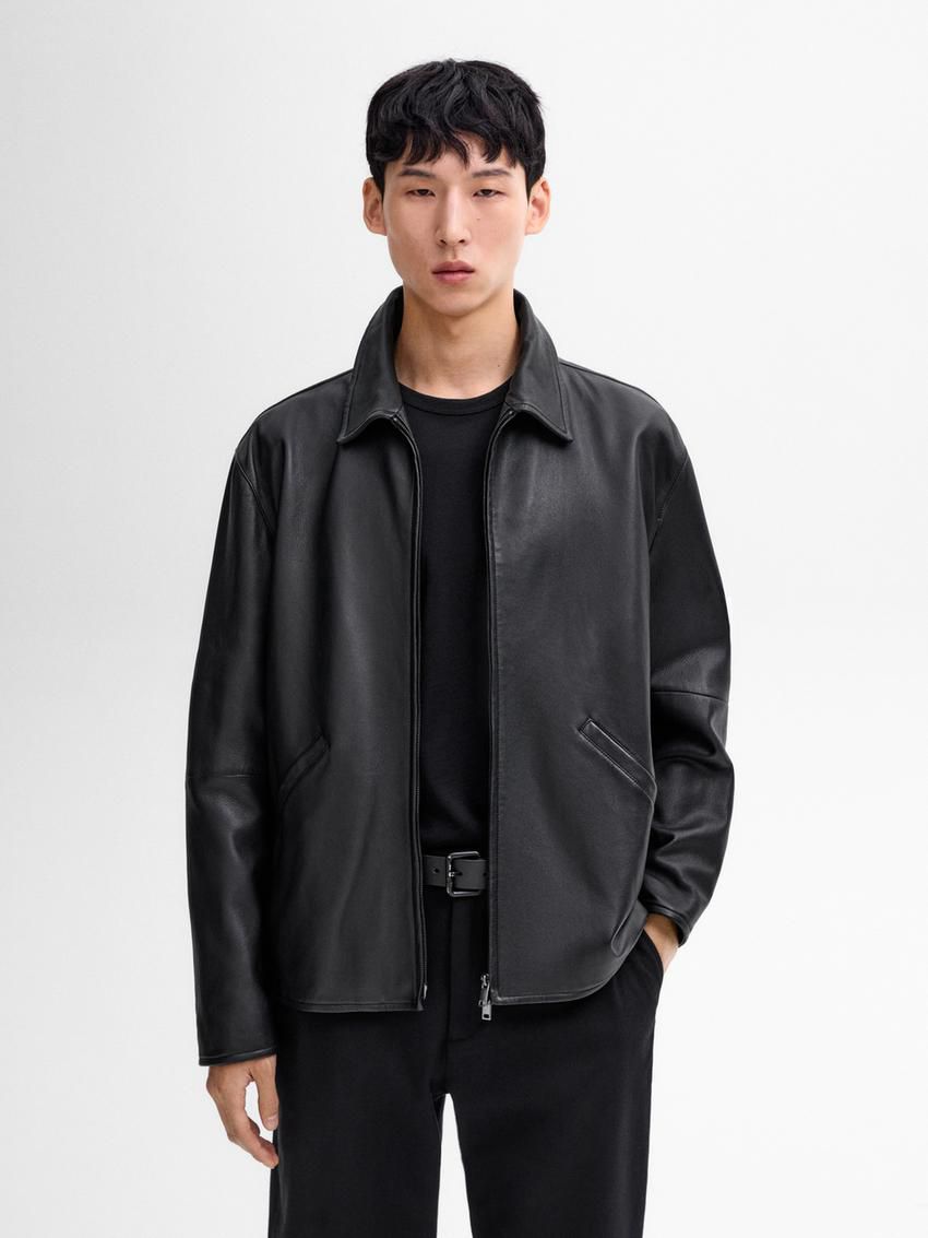 Massimo Dutti Nappa Men Leather Jacket Black | US-KE1027598