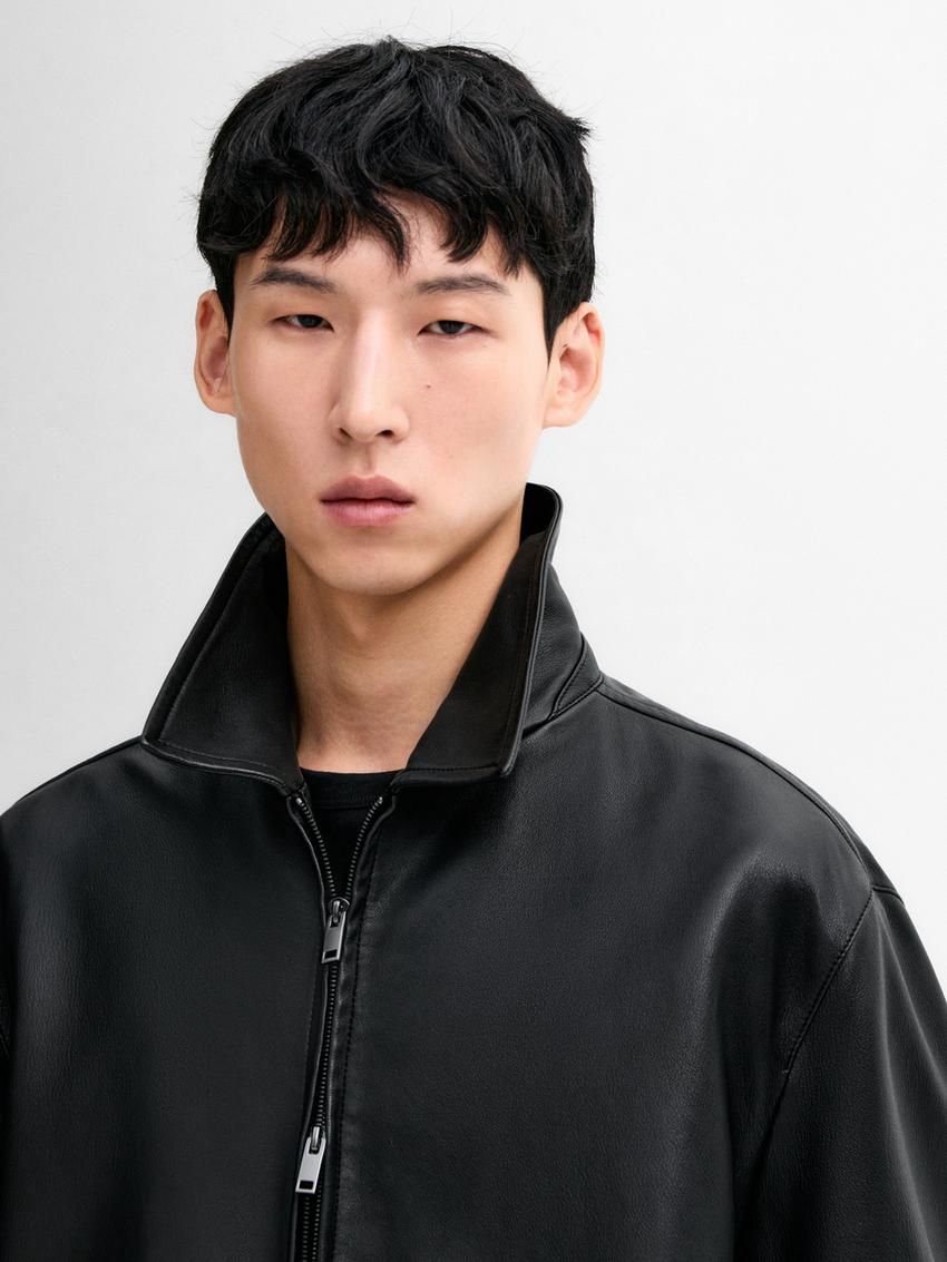 Massimo Dutti Nappa Men Leather Jacket Black | US-KE1027598