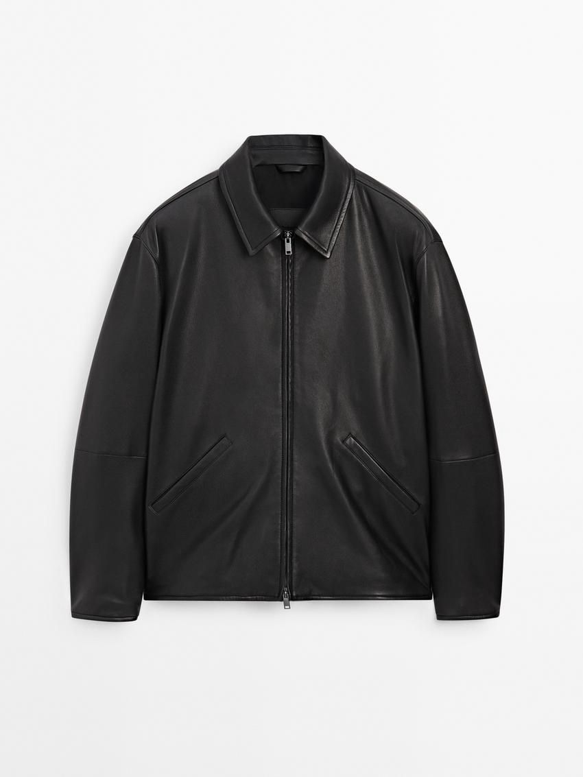 Massimo Dutti Nappa Men Leather Jacket Black | US-KE1027598