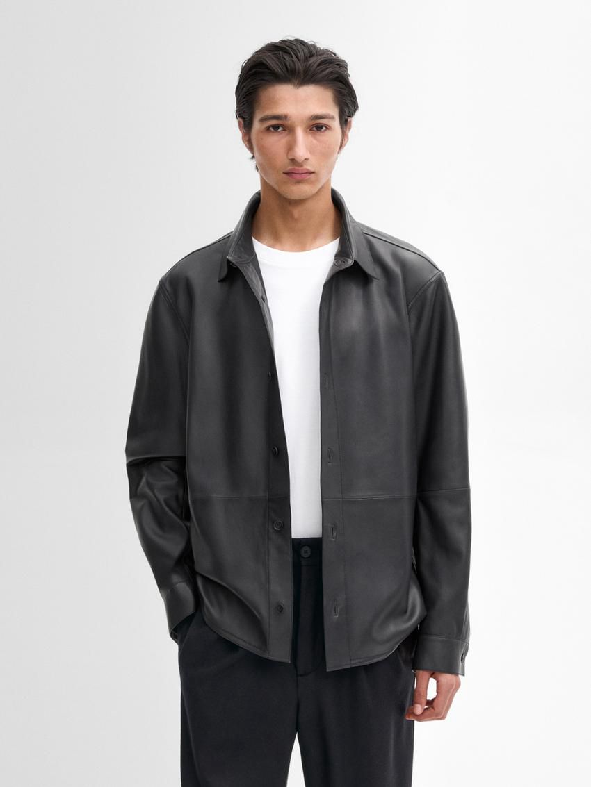 Massimo Dutti Nappa Seamed Shirt Men Leather Jacket Black | US-JR1432980