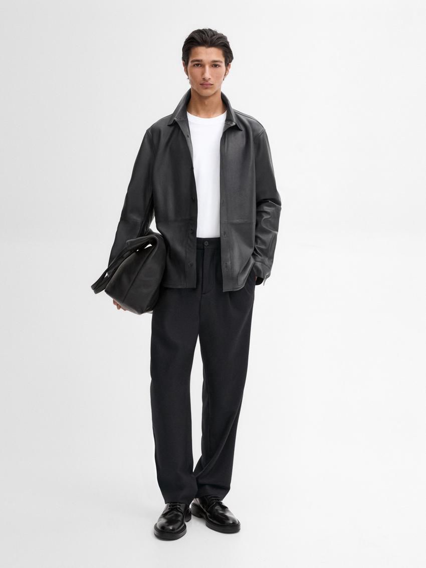 Massimo Dutti Nappa Seamed Shirt Men Leather Jacket Black | US-JR1432980