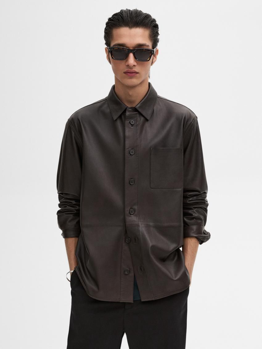 Massimo Dutti Nappa Shirt With Chest Pocket Men Leather Jacket Dark Brwon | US-YF5342087