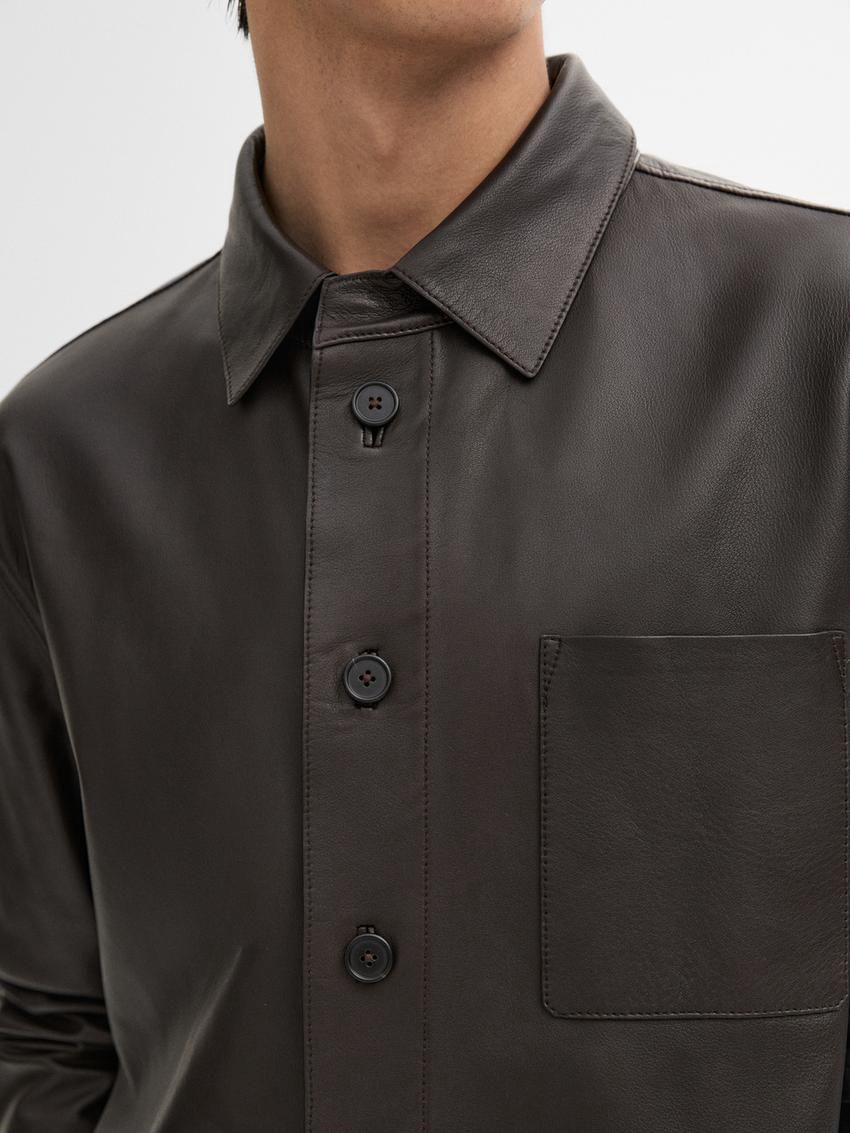Massimo Dutti Nappa Shirt With Chest Pocket Men Leather Jacket Dark Brwon | US-YF5342087