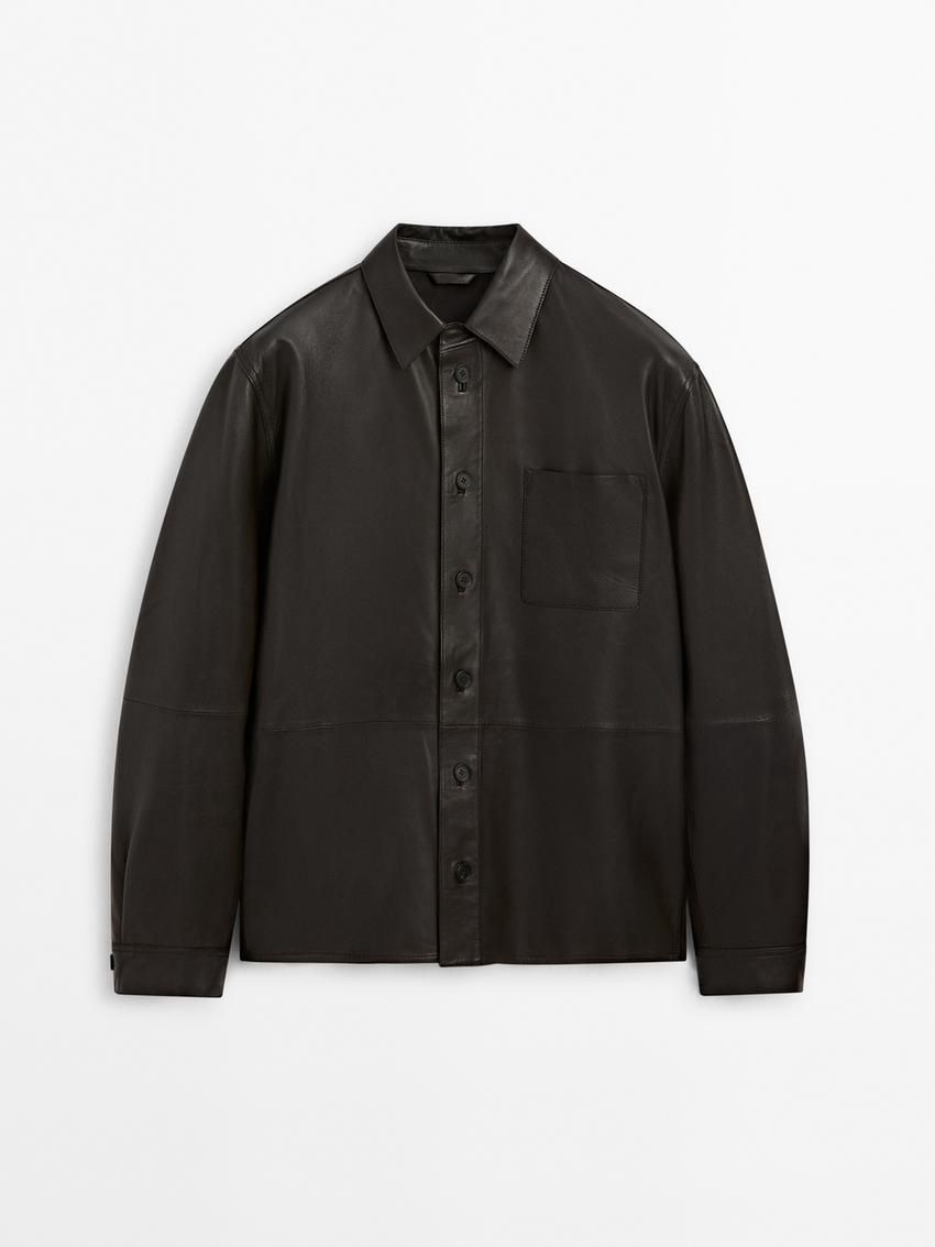Massimo Dutti Nappa Shirt With Chest Pocket Men Leather Jacket Dark Brwon | US-YF5342087