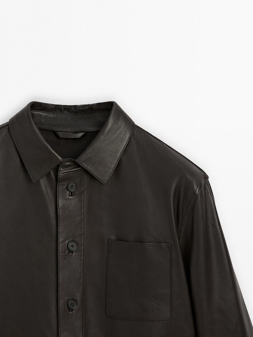 Massimo Dutti Nappa Shirt With Chest Pocket Men Leather Jacket Dark Brwon | US-YF5342087
