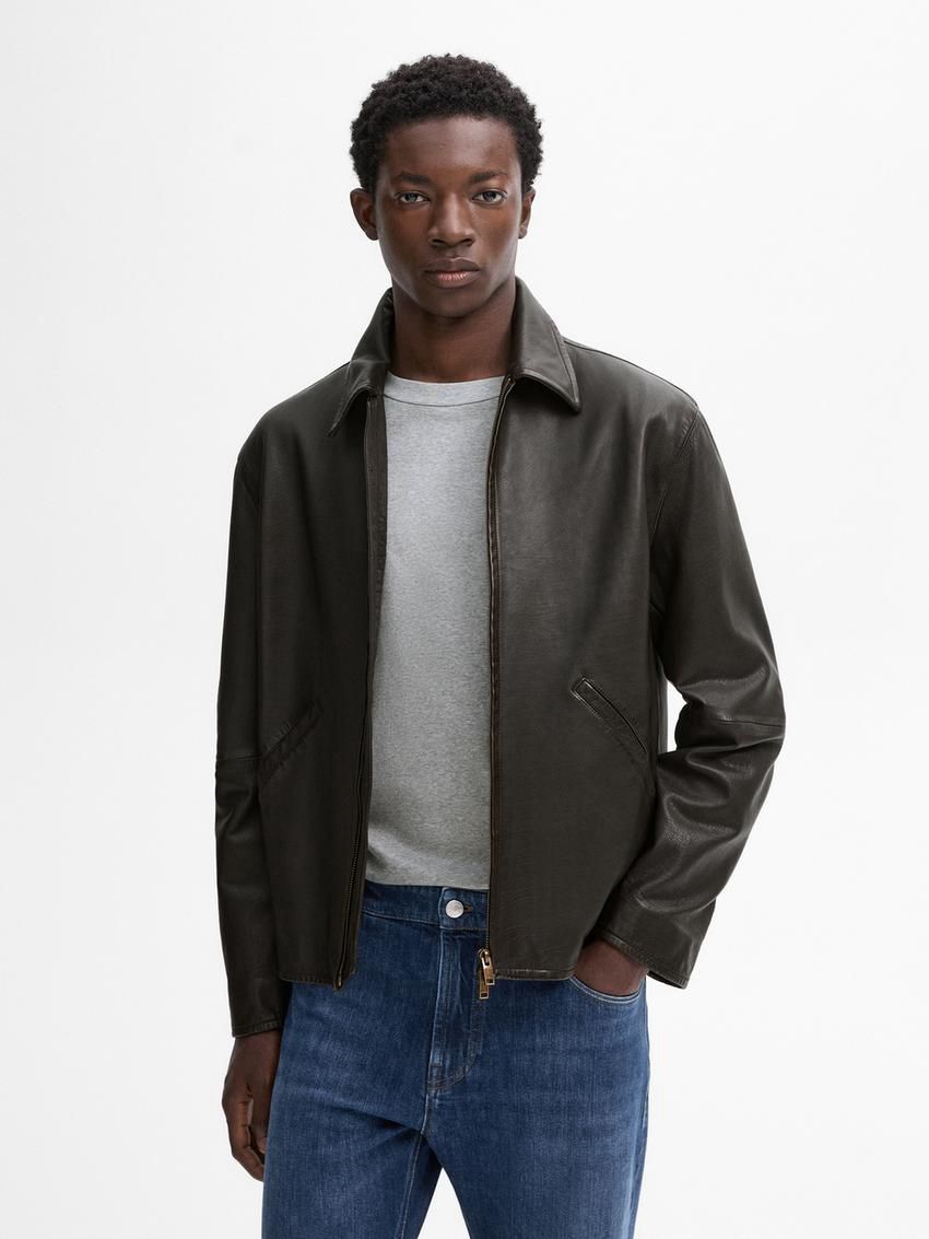 Massimo Dutti Nappa Trucker Men Leather Jacket Black | US-GA4315079