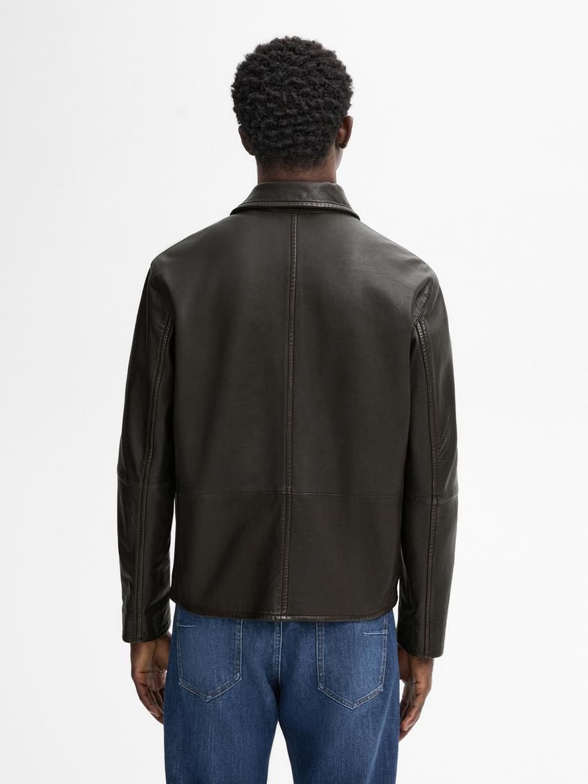 Massimo Dutti Nappa Trucker Men Leather Jacket Black | US-GA4315079
