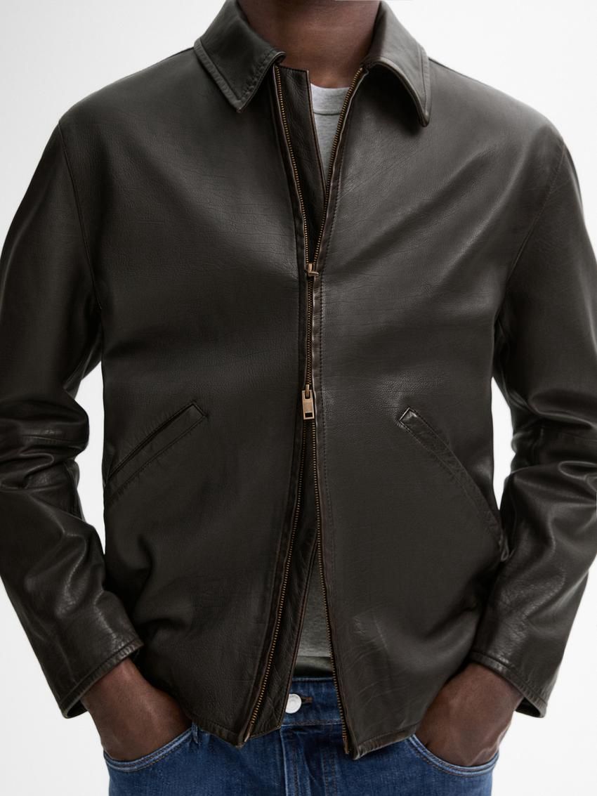 Massimo Dutti Nappa Trucker Men Leather Jacket Black | US-GA4315079