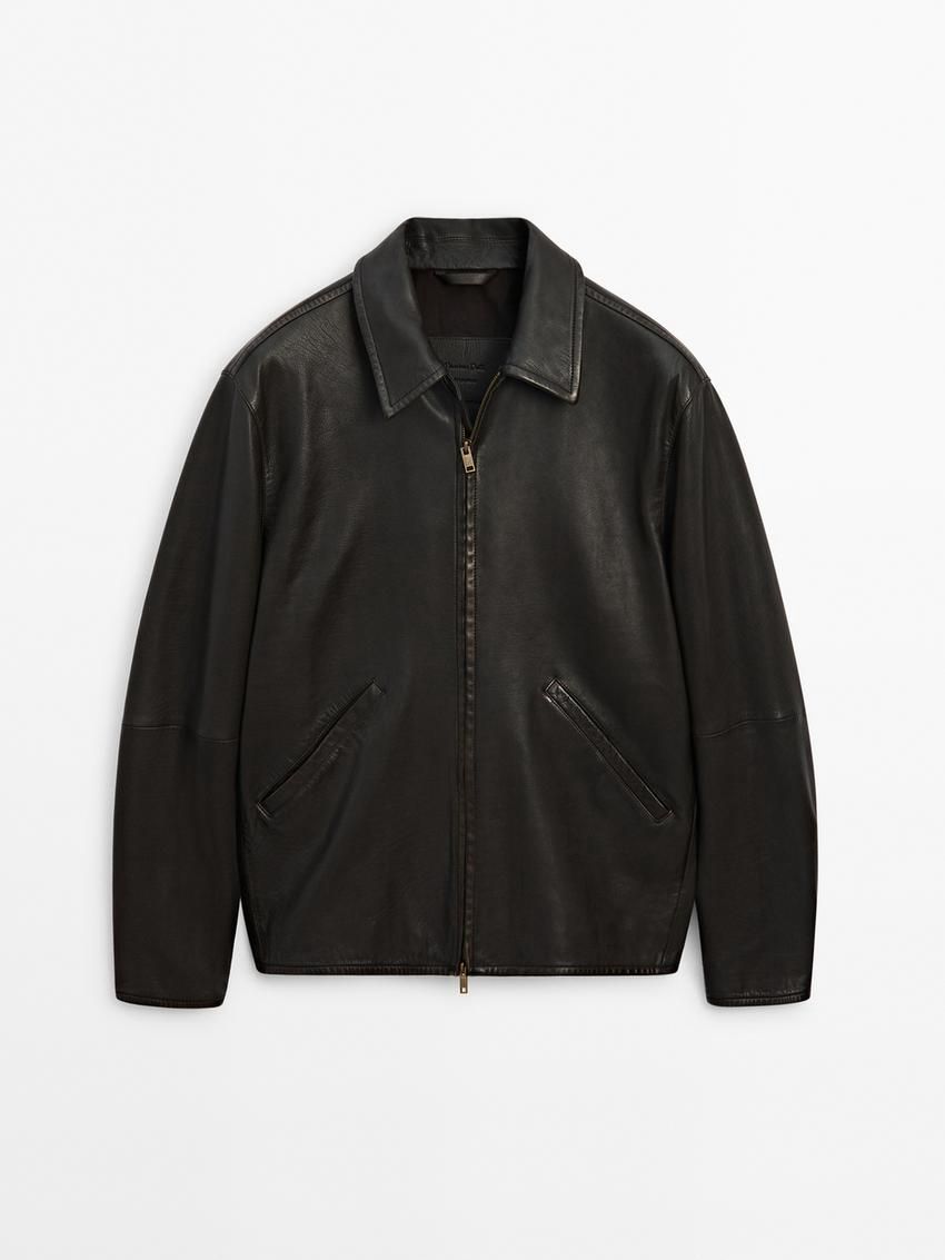 Massimo Dutti Nappa Trucker Men Leather Jacket Black | US-GA4315079