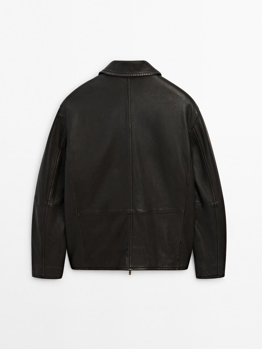 Massimo Dutti Nappa Trucker Men Leather Jacket Black | US-GA4315079