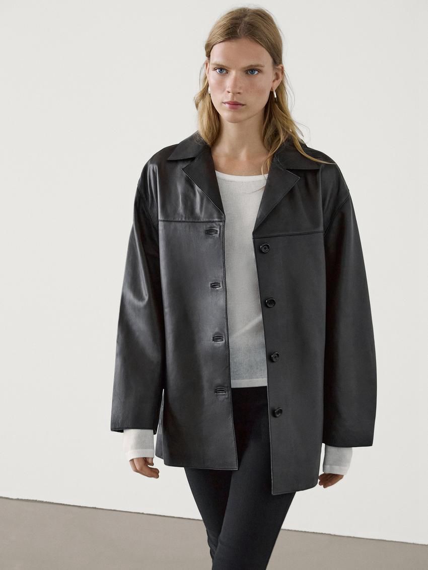 Massimo Dutti Nappa With Lapel Collar Women Leather Jacket Black | US-HR9518032