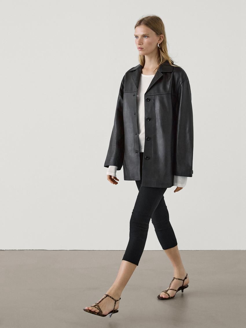 Massimo Dutti Nappa With Lapel Collar Women Leather Jacket Black | US-HR9518032