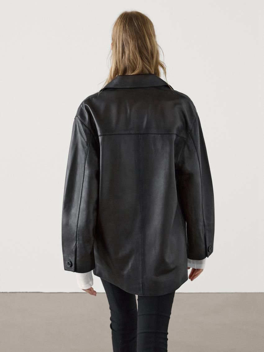 Massimo Dutti Nappa With Lapel Collar Women Leather Jacket Black | US-HR9518032