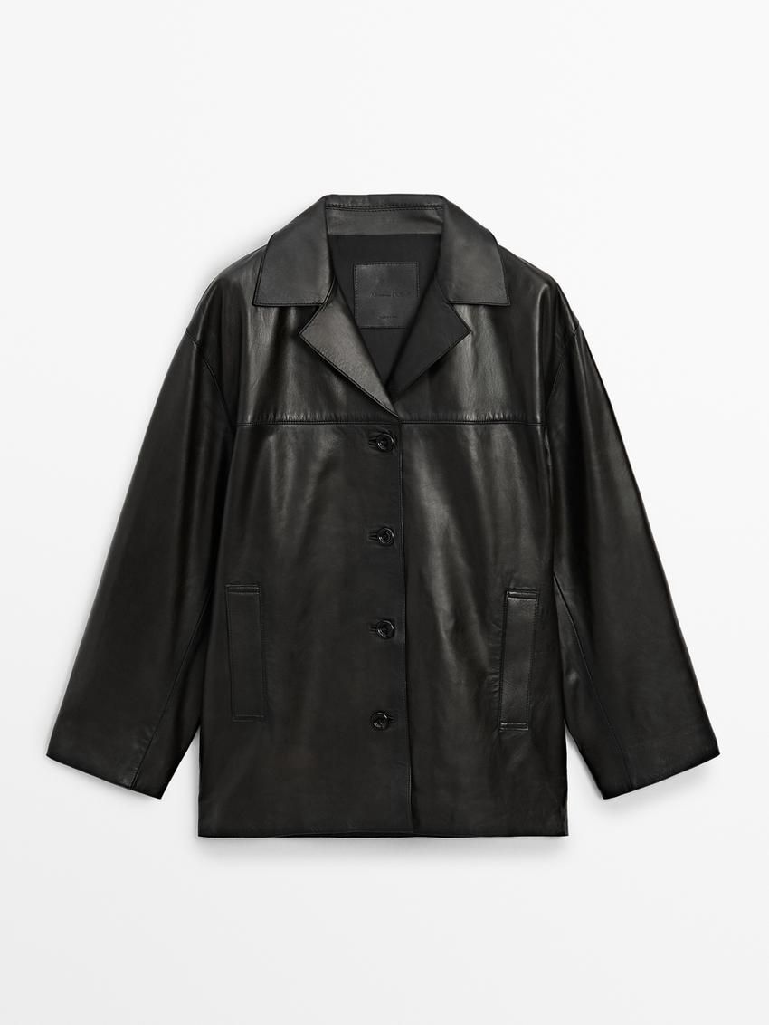 Massimo Dutti Nappa With Lapel Collar Women Leather Jacket Black | US-HR9518032