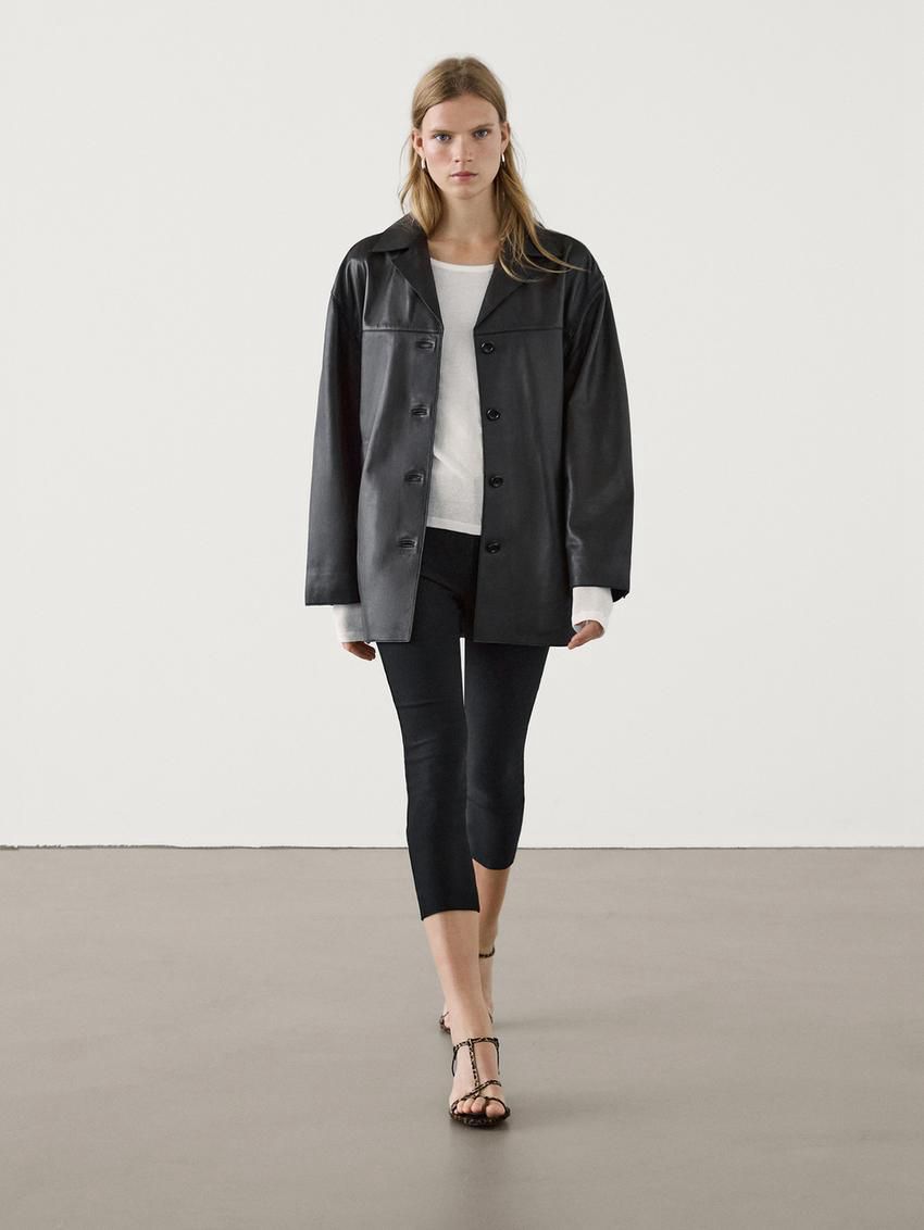 Massimo Dutti Nappa With Lapel Collar Women Leather Jacket Black | US-HR9518032