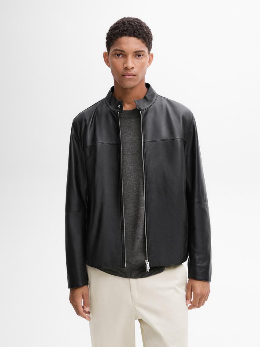 Massimo Dutti Nappa With Pocket Details Men Leather Jacket Black | US-HC7329451