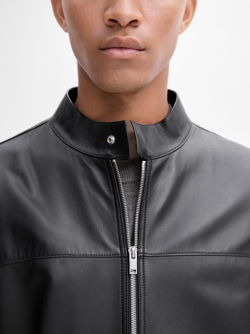 Massimo Dutti Nappa With Pocket Details Men Leather Jacket Black | US-HC7329451
