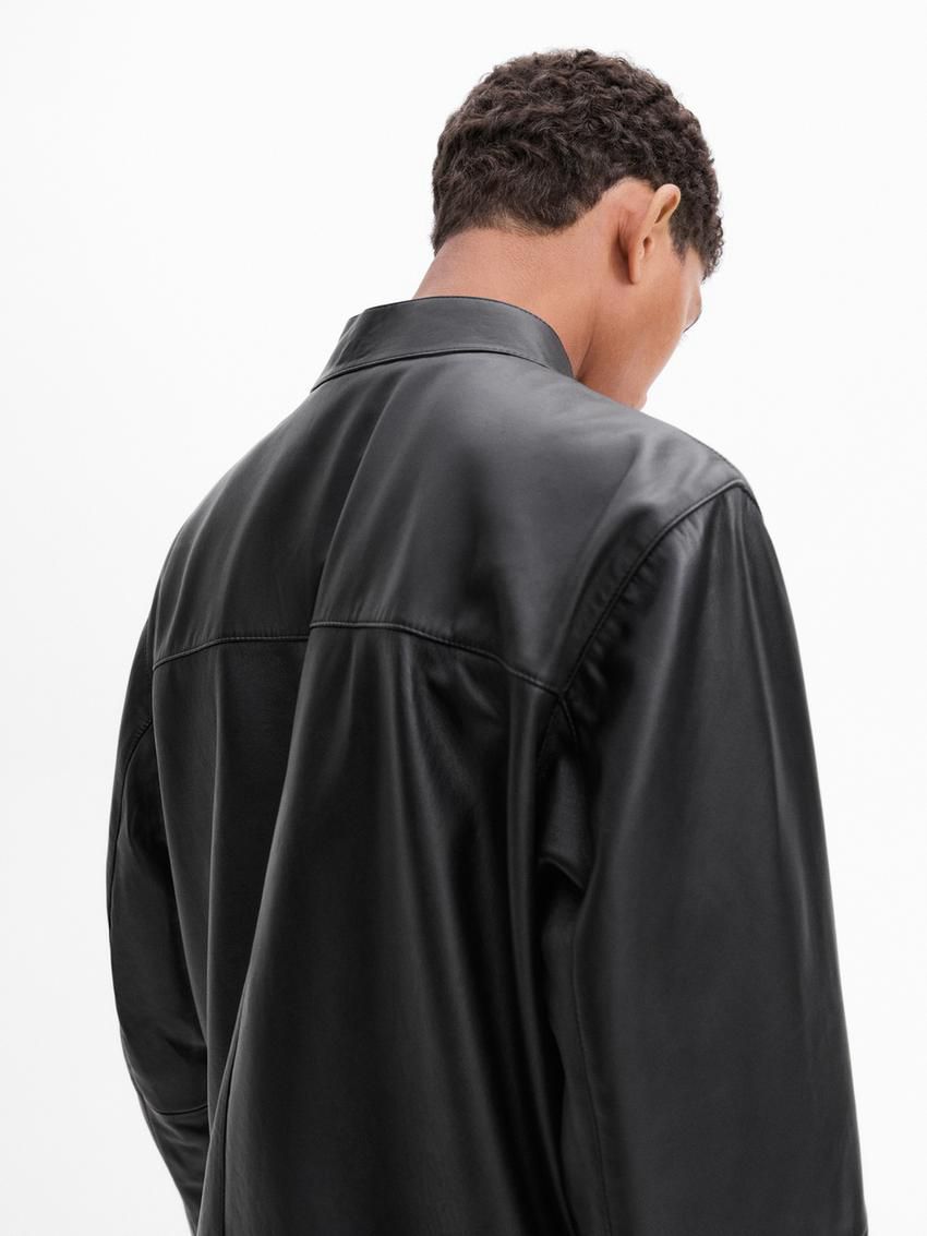 Massimo Dutti Nappa With Pocket Details Men Leather Jacket Black | US-HC7329451