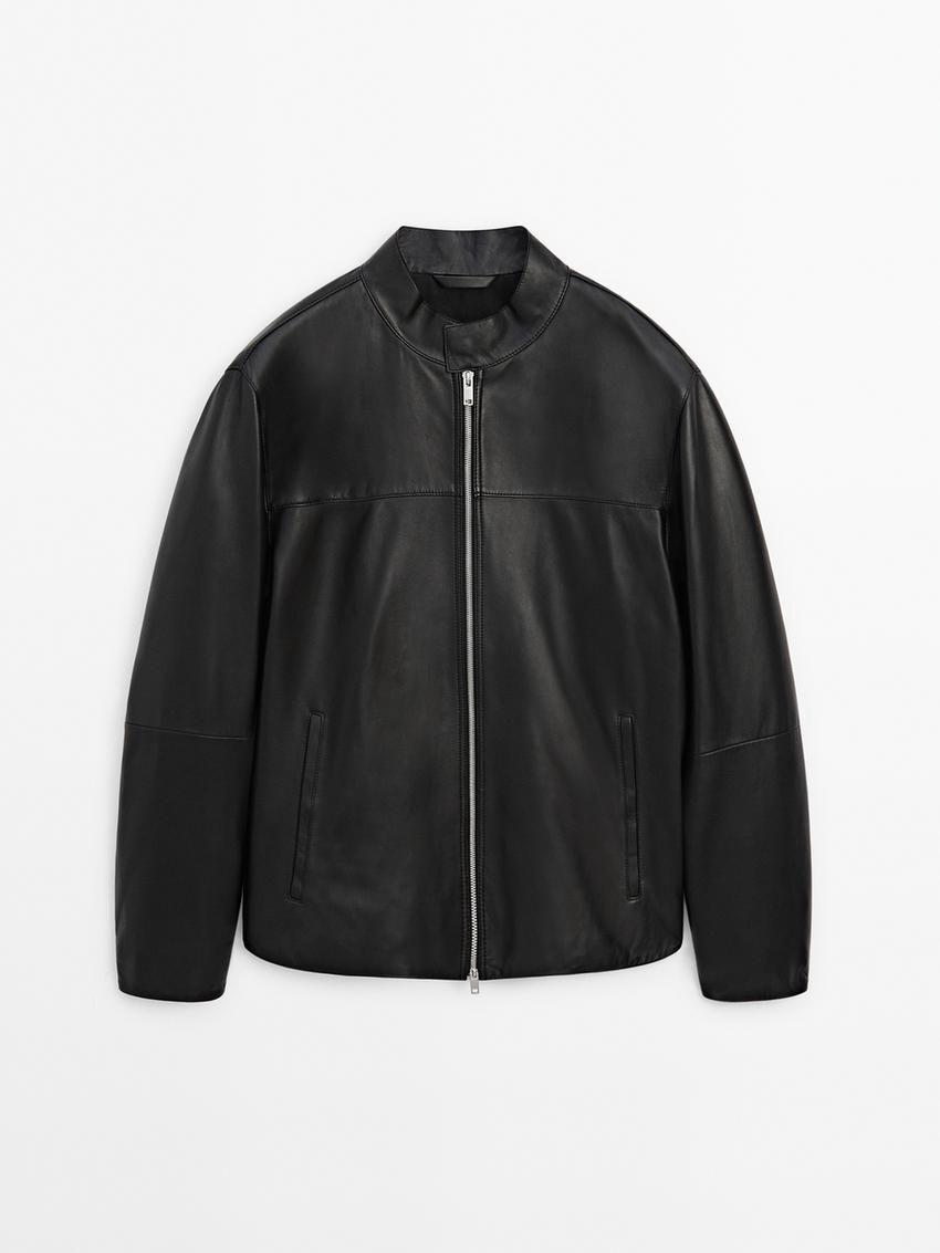 Massimo Dutti Nappa With Pocket Details Men Leather Jacket Black | US-HC7329451