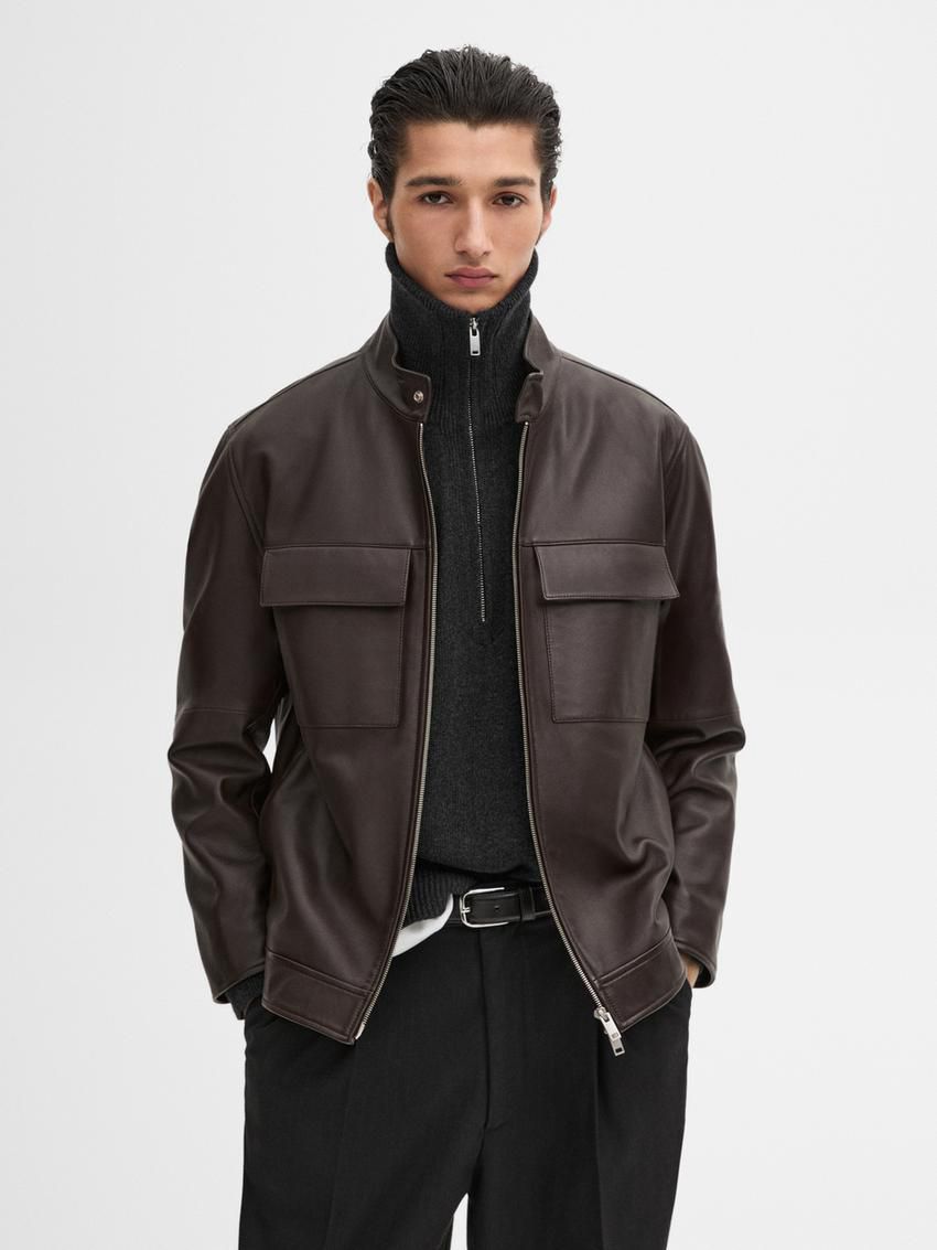 Massimo Dutti Nappa With Pockets Men Leather Jacket Dark Brown | US-EZ1389620