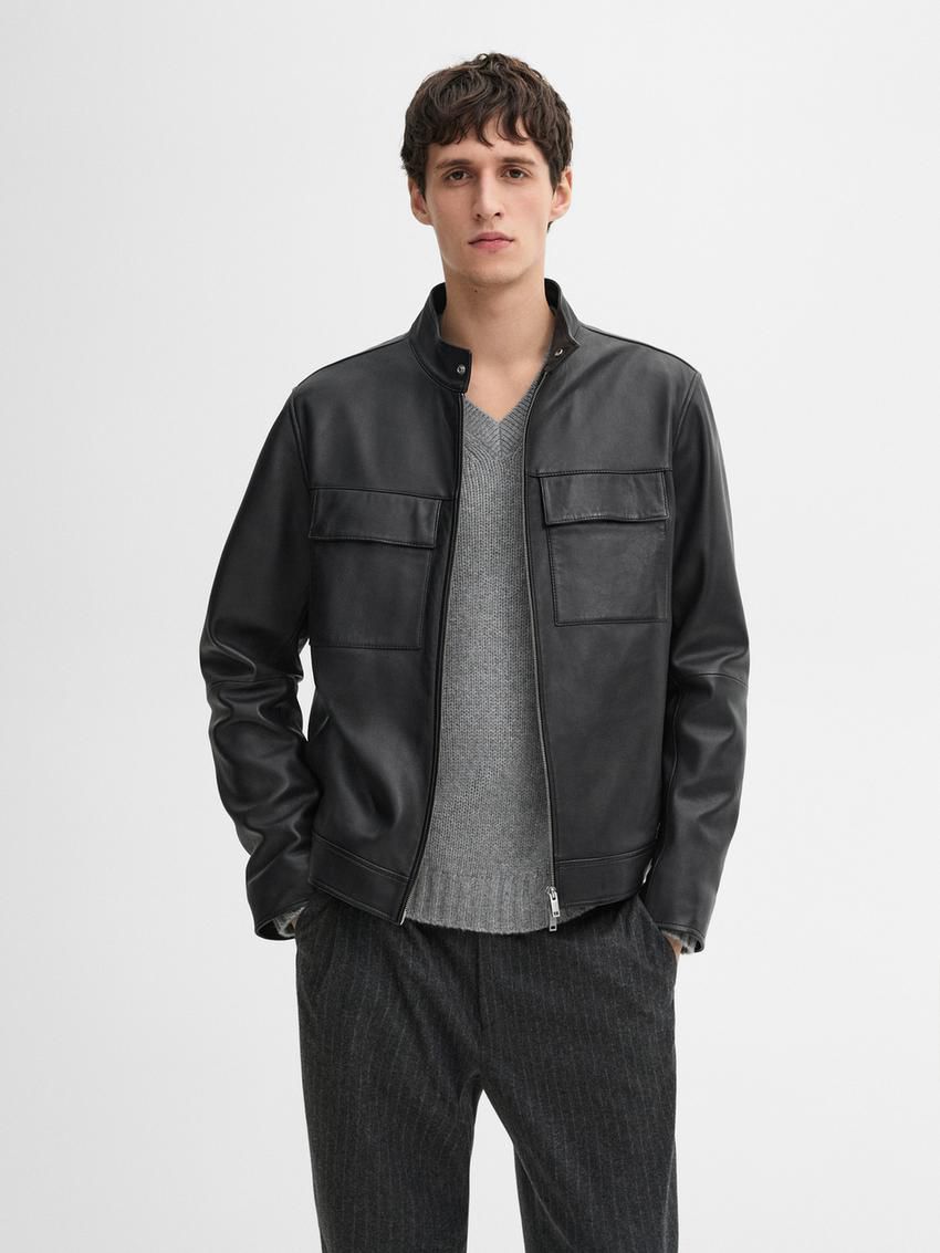 Massimo Dutti Nappa With Pockets Men Leather Jacket Black | US-FR9521864