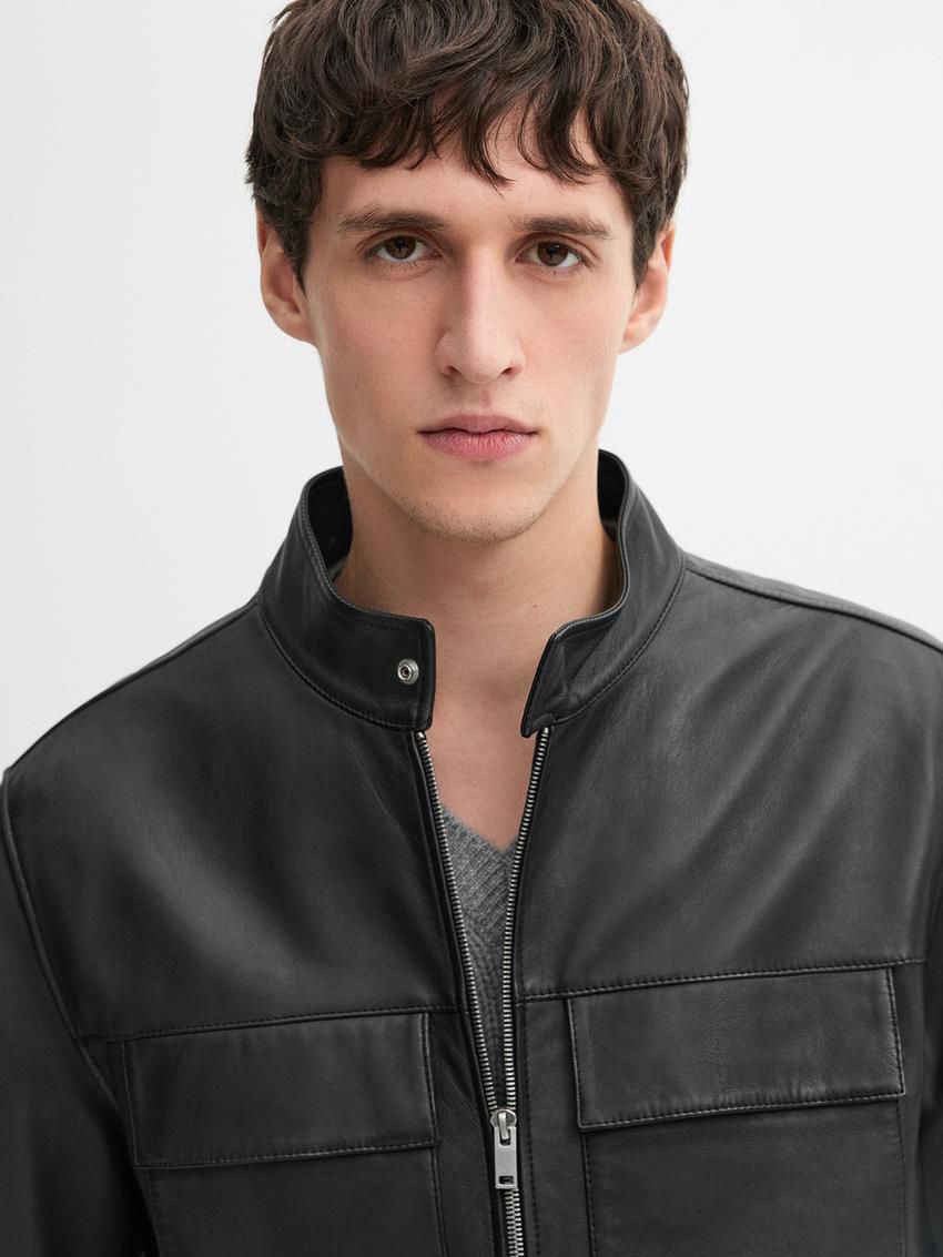 Massimo Dutti Nappa With Pockets Men Leather Jacket Black | US-FR9521864