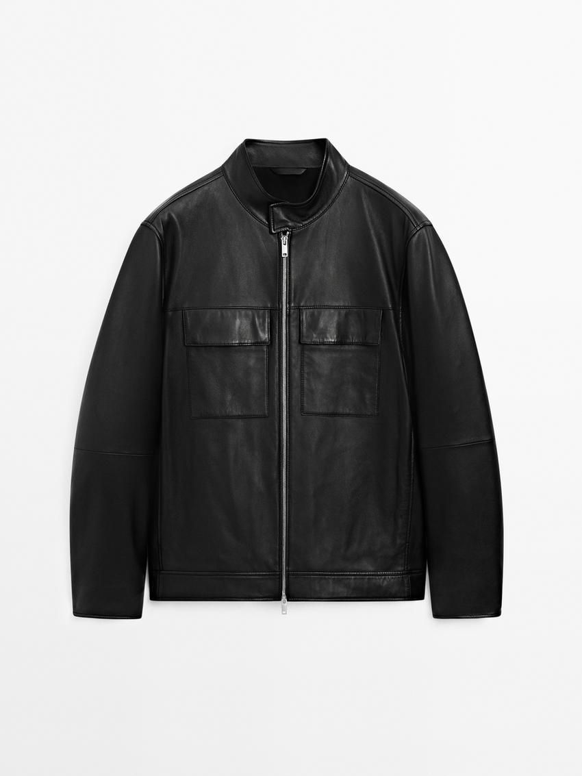 Massimo Dutti Nappa With Pockets Men Leather Jacket Black | US-FR9521864