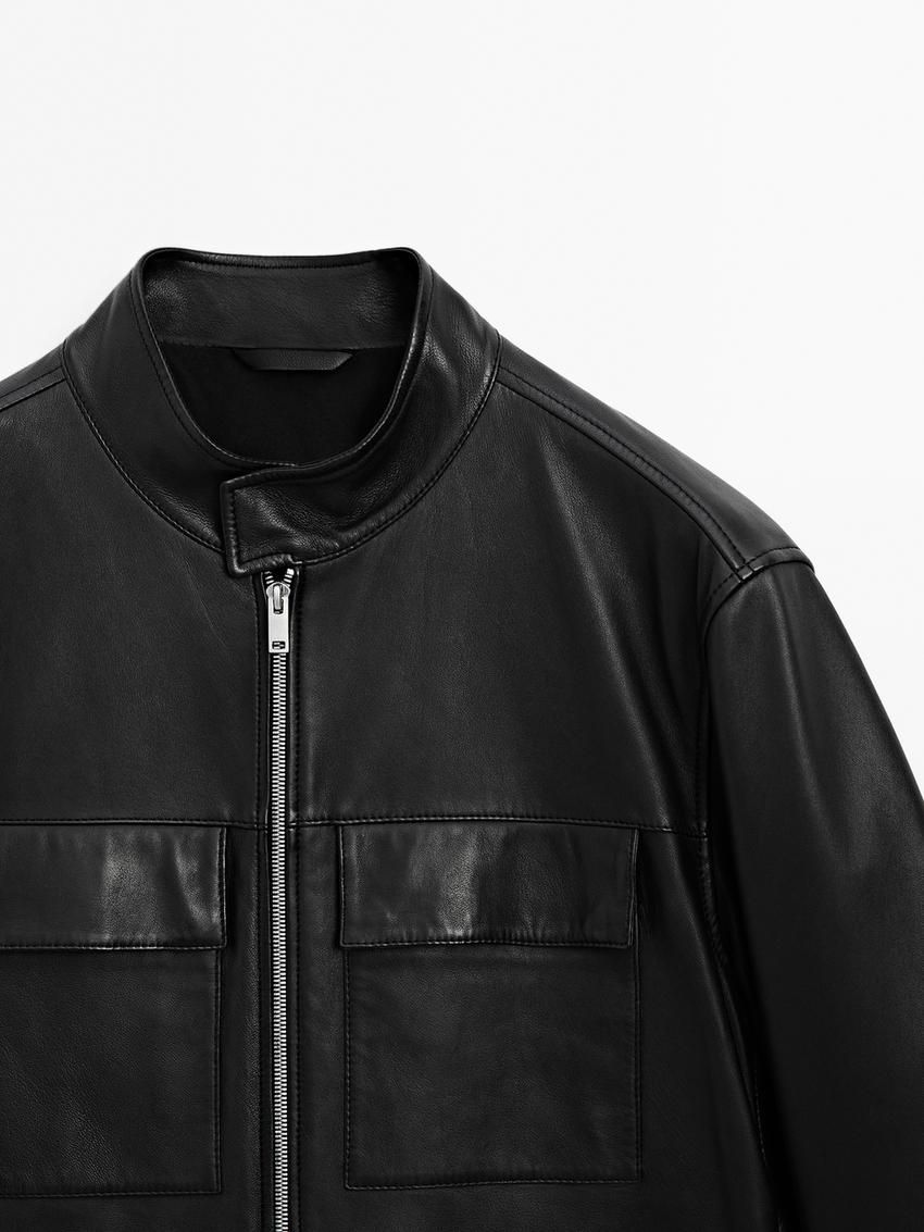 Massimo Dutti Nappa With Pockets Men Leather Jacket Black | US-FR9521864