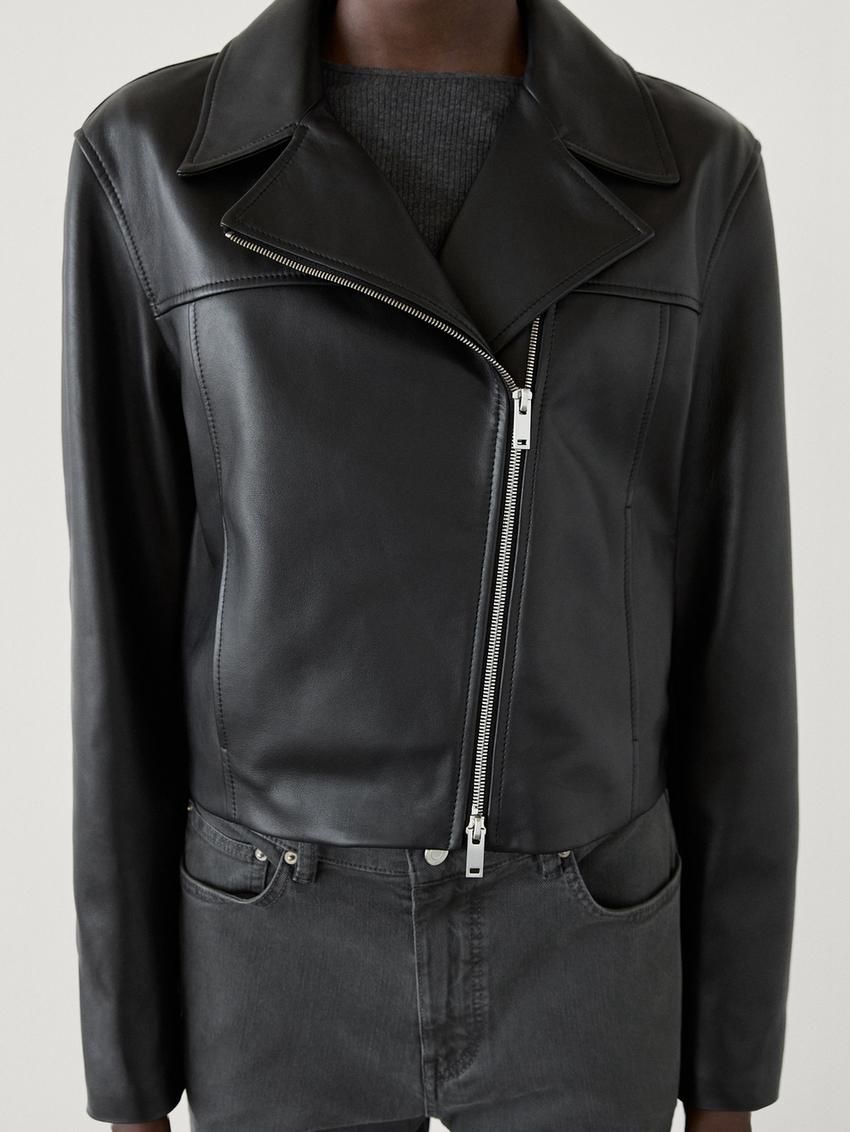 Massimo Dutti Nappa Women Biker Jacket Black | US-ZX8432950